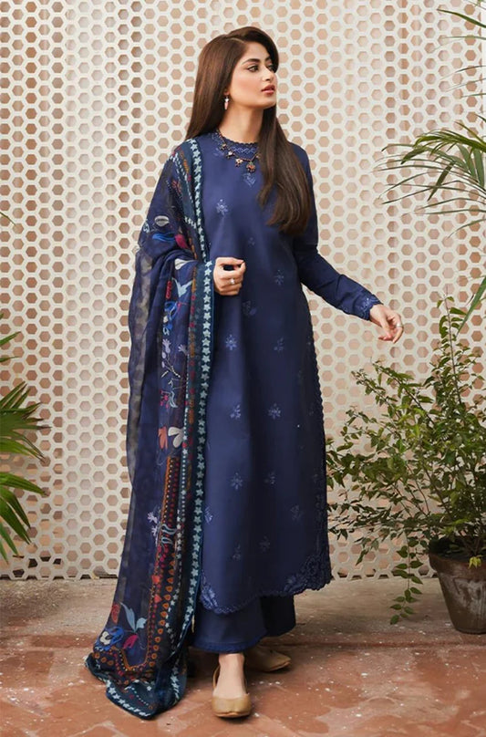 SERAN 3PC DHANAK EMBROIDERED SHIRT WITH PRINTED WOOL SHAWL V666